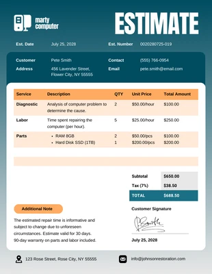 business  Template: Modelo de estimativa de reparo de computador