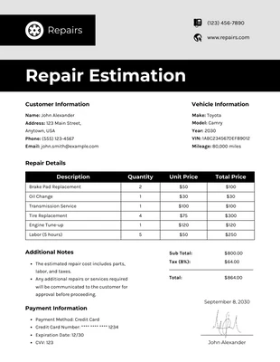 Free  Template: Estimativa de reparo minimalista limpo branco e preto