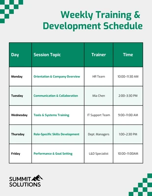 Free accessible Template: Weekly Training Schedule Table Chart